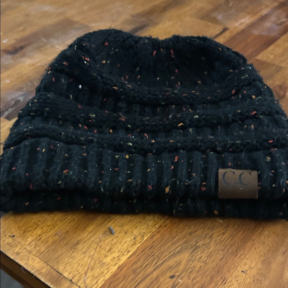 C.C Cozy Confetti Black Speckled Ponytail Knit Beanie Hat